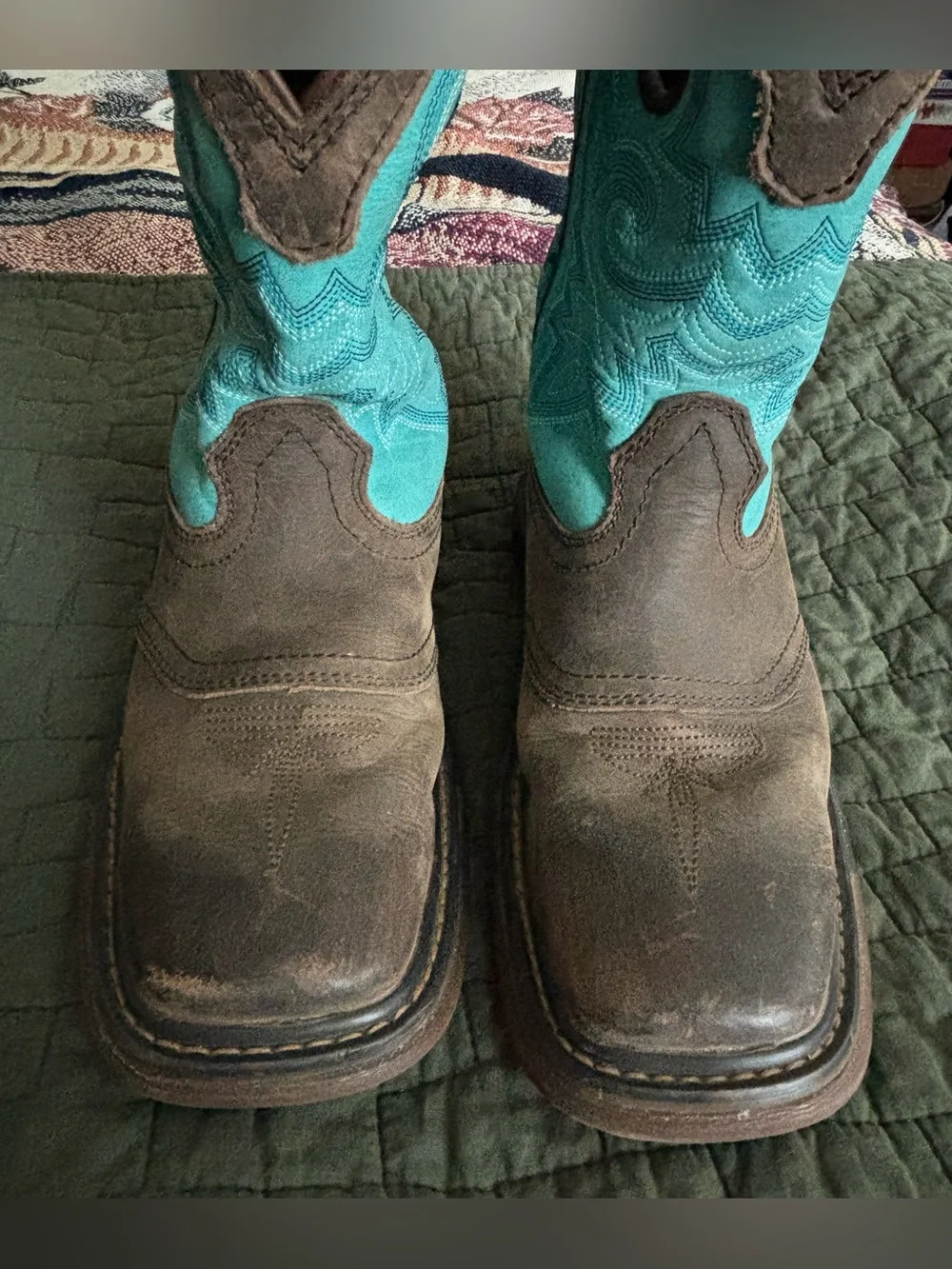 Rocky Brown and Turquoise Kids Pull-On Western Boots